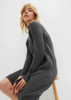 bonprix Bekleidung·Umstandsmode|Bekleidung·Pullover & Strickjacken|Strickkleid mit Vokuhila-Saum anthrazit meliert