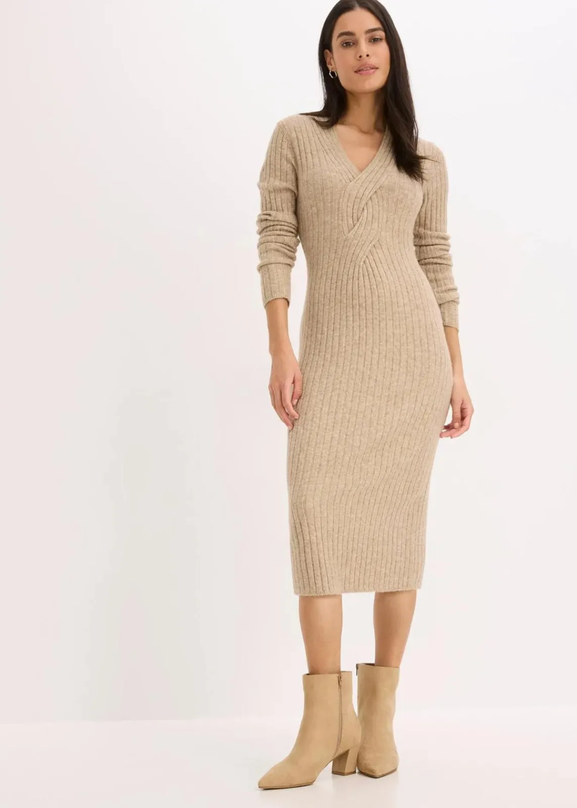 bonprix Bekleidung·Pullover & Strickjacken|Bekleidung·Umstandsmode|Strickkleid mit Wollanteil kieselbeige meliert
