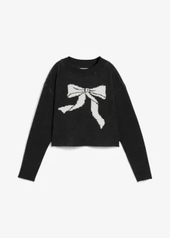 bonprix Pullover & Strickjacken|Strickmode|Strickpullover mit Schleife anthrazit meliert