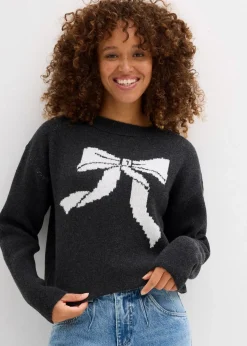 bonprix Pullover & Strickjacken|Strickmode|Strickpullover mit Schleife anthrazit meliert