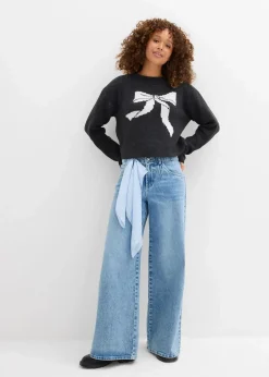 bonprix Pullover & Strickjacken|Strickmode|Strickpullover mit Schleife anthrazit meliert