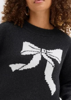 bonprix Pullover & Strickjacken|Strickmode|Strickpullover mit Schleife anthrazit meliert