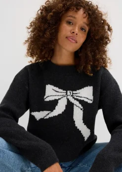 bonprix Pullover & Strickjacken|Strickmode|Strickpullover mit Schleife anthrazit meliert