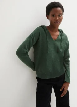 Strick-Pullover mit V-Ausschnitt und Kapuze|bonprix Hot