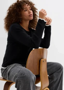 bonprix Bekleidung·Umstandsmode|Strickmode|Strickshirt mit Kontrastsaum schwarz/weiß