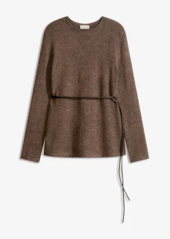 bonprix Bekleidung·Umstandsmode|Strickmode|Strickshirt mit Wollanteil und Lederimitat- Bindeband braun meliert