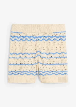 bonprix Shorts|Hosen|Strick-Shorts aus luftigem Baumwoll-Leinen-Mix elfenbein/mittelblau