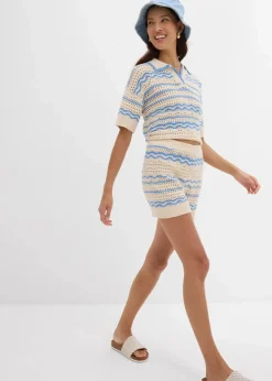 bonprix Shorts|Hosen|Strick-Shorts aus luftigem Baumwoll-Leinen-Mix elfenbein/mittelblau