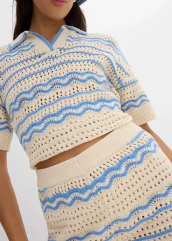 bonprix Shorts|Hosen|Strick-Shorts aus luftigem Baumwoll-Leinen-Mix elfenbein/mittelblau