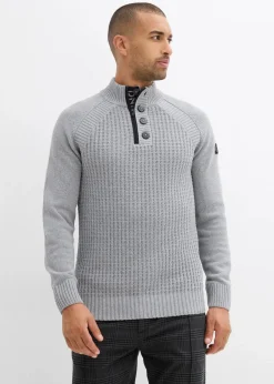 bonprix Pullover & Strickjacken|Große Größen|Strukturierter-Stehkragenpullover mit recycelter Baumwolle grau meliert