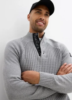 bonprix Pullover & Strickjacken|Große Größen|Strukturierter-Stehkragenpullover mit recycelter Baumwolle grau meliert