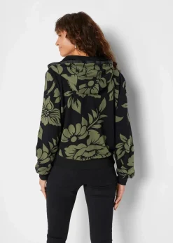 bonprix Bekleidung·Blusen & Tuniken|Sweat|Sweatjacke mit Baumwolle schwarz/grün geblümt