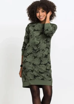 bonprix Bekleidung·Blusen & Tuniken|Bekleidung·Pullover & Strickjacken|Sweatkleid, bedruckt dunkeloliv/schwarz bedruckt