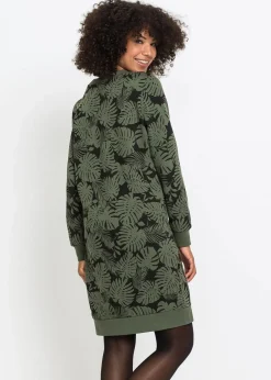 bonprix Bekleidung·Blusen & Tuniken|Bekleidung·Pullover & Strickjacken|Sweatkleid, bedruckt dunkeloliv/schwarz bedruckt