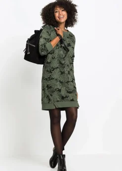 bonprix Bekleidung·Blusen & Tuniken|Bekleidung·Pullover & Strickjacken|Sweatkleid, bedruckt dunkeloliv/schwarz bedruckt