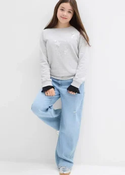 bonprix Mädchen 2-8 Jahre·Nachhaltigere Materialien|Mädchen 9-16 Jahre·Nachhaltigere Materialien|Sweatshirt aus reiner Baumwolle hellgrau meliert bedruckt