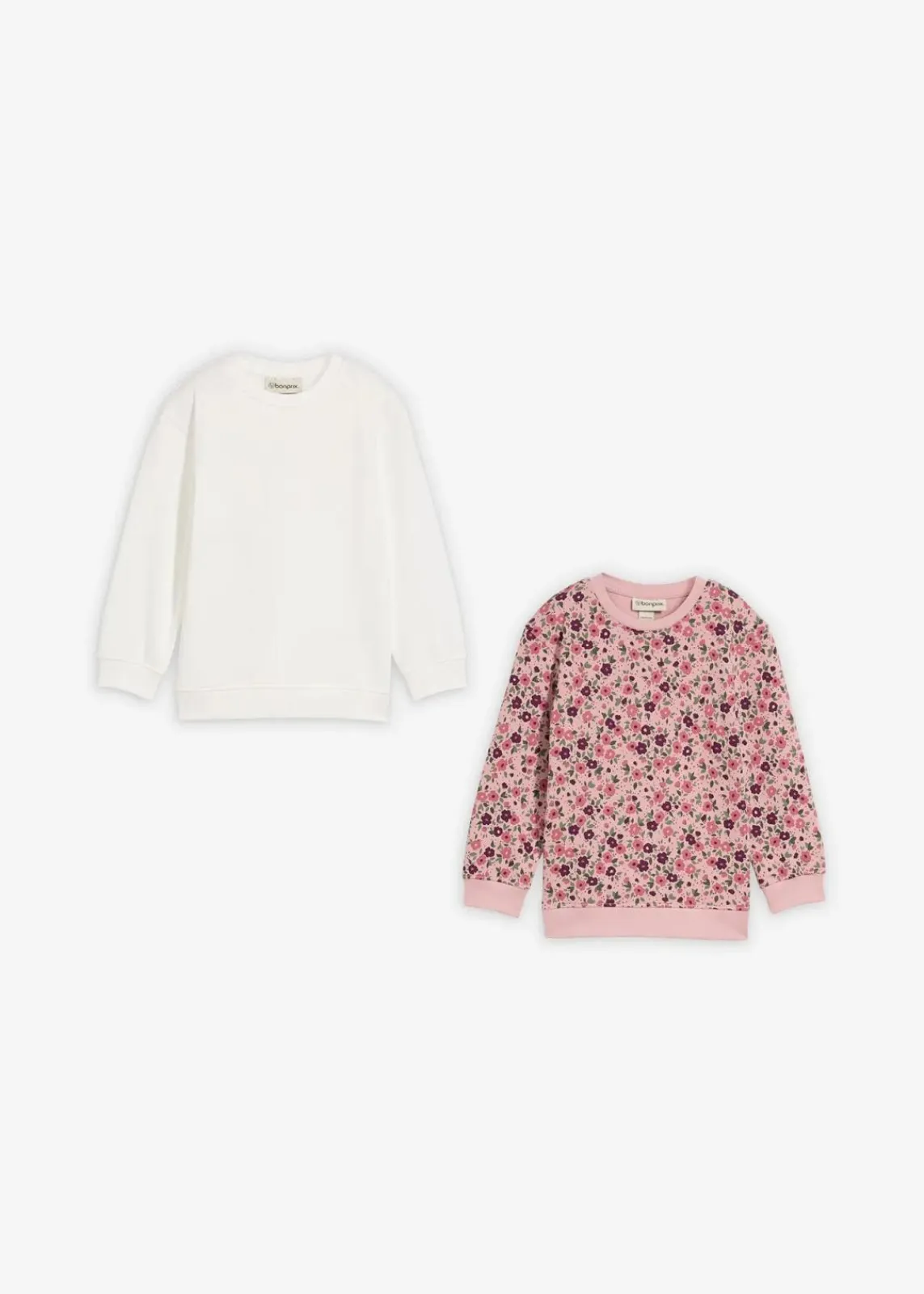 bonprix Mädchen 2-8 Jahre·Nachhaltigere Materialien|Mädchen 9-16 Jahre·Nachhaltigere Materialien|Sweatshirt aus reiner Bio-Baumwolle (2er Pack) wollweiß+aschrosa geblümt