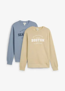 bonprix Sweat|Große Größen|Sweatshirt aus reiner Bio-Baumwolle (2er Pack) rauchblau+rauchkhaki bedruckt