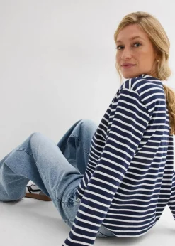 bonprix Sweat|Sweatshirt aus Strukturmaterial dunkelblau/weiß gestreift