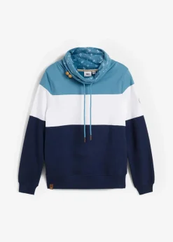 bonprix Bekleidung·Blusen & Tuniken|Sweat|Sweatshirt mit bedrucktem Kragen aus reiner Baumwolle matt blau/weiß/dunkelblau