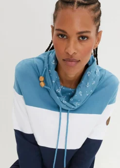 bonprix Bekleidung·Blusen & Tuniken|Sweat|Sweatshirt mit bedrucktem Kragen aus reiner Baumwolle matt blau/weiß/dunkelblau