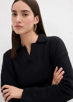 bonprix Sweat|Bekleidung·Blusen & Tuniken|Sweatshirt mit gestricktem Polokragen aus Bio-Baumwolle schwarz