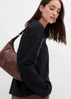 bonprix Sweat|Bekleidung·Blusen & Tuniken|Sweatshirt mit gestricktem Polokragen aus Bio-Baumwolle schwarz