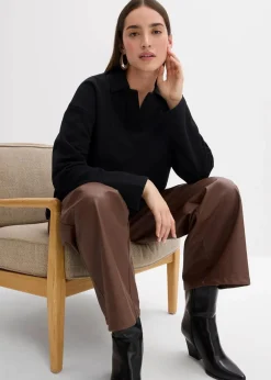 bonprix Sweat|Bekleidung·Blusen & Tuniken|Sweatshirt mit gestricktem Polokragen aus Bio-Baumwolle schwarz
