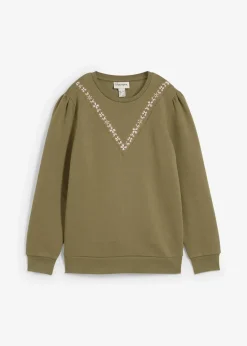 bonprix Bekleidung·Blusen & Tuniken|Sweat|Sweatshirt mit Stickerei aus Baumwoll-Mix oliv