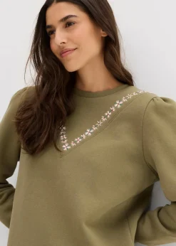 bonprix Bekleidung·Blusen & Tuniken|Sweat|Sweatshirt mit Stickerei aus Baumwoll-Mix oliv