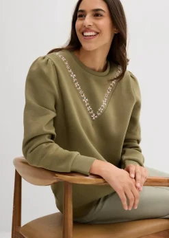 bonprix Bekleidung·Blusen & Tuniken|Sweat|Sweatshirt mit Stickerei aus Baumwoll-Mix oliv