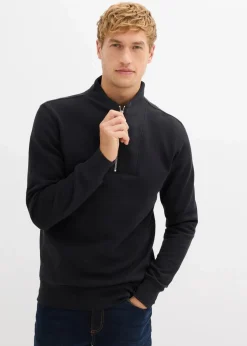 bonprix Große Größen|Basics|Sweatshirt mit Troyerkragen aus reiner Bio-Baumwolle schwarz