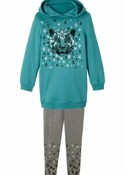 bonprix Mädchen 9-16 Jahre·Sweat & Strick|Mädchen 9-16 Jahre·Hosen & Leggings|Sweatshirt und Leggings aus Bio-Baumwoll-Mix (2-tlg.Set) mattkobalttürkis/grau meliert