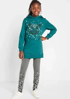 bonprix Mädchen 9-16 Jahre·Sweat & Strick|Mädchen 9-16 Jahre·Hosen & Leggings|Sweatshirt und Leggings aus Bio-Baumwoll-Mix (2-tlg.Set) mattkobalttürkis/grau meliert
