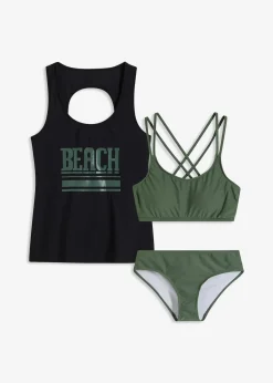 bonprix Sport Bademode|Tankinis|Tankini und Oberteil (3-tlg.Set) schwarz/oliv bedruckt