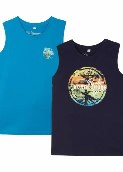 bonprix Jungen 9-16 Jahre·Mehrfachpacks|Jungen 9-16 Jahre·Shirts|Tanktop (2er Pack) aus reiner Bio-Baumwolle dunkelblau / mitteltürkis floral
