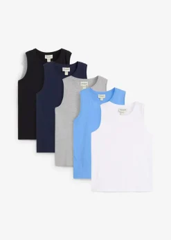 bonprix Jungen 9-16 Jahre·Shirts|Jungen 2-8 Jahre·Nachhaltigere Materialien|Tanktop (5er Pack) mit Bio Baumwolle dunkelblau+weiß+hellgrau meliert+mittelblau+schwarz
