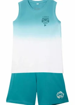 bonprix Jungen 9-16 Jahre·Shorts|Jungen 9-16 Jahre·Shirts|Tanktop und Jersey-Bermuda (2-tlg.Set) aus reiner Bio-Baumwolle tiefaqua / weiß bedruckt