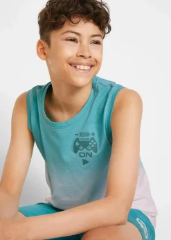 bonprix Jungen 9-16 Jahre·Shorts|Jungen 9-16 Jahre·Shirts|Tanktop und Jersey-Bermuda (2-tlg.Set) aus reiner Bio-Baumwolle tiefaqua / weiß bedruckt