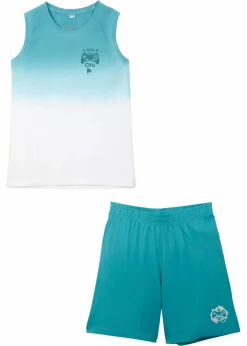 bonprix Jungen 9-16 Jahre·Shorts|Jungen 9-16 Jahre·Shirts|Tanktop und Jersey-Bermuda (2-tlg.Set) aus reiner Bio-Baumwolle tiefaqua / weiß bedruckt