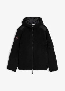 bonprix Große Größen|Outdoorbekleidung|Teddy-Fleece Jacke mit Web-Besatz und Kapuze schwarz