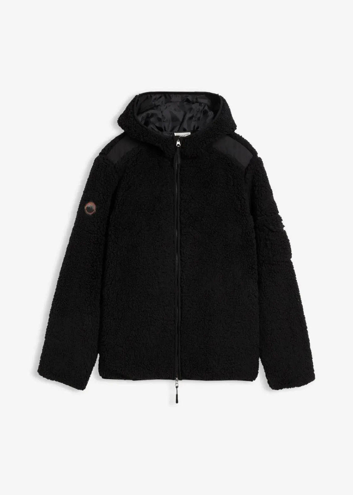 bonprix Große Größen|Outdoorbekleidung|Teddy-Fleece Jacke mit Web-Besatz und Kapuze schwarz