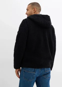 bonprix Große Größen|Outdoorbekleidung|Teddy-Fleece Jacke mit Web-Besatz und Kapuze schwarz