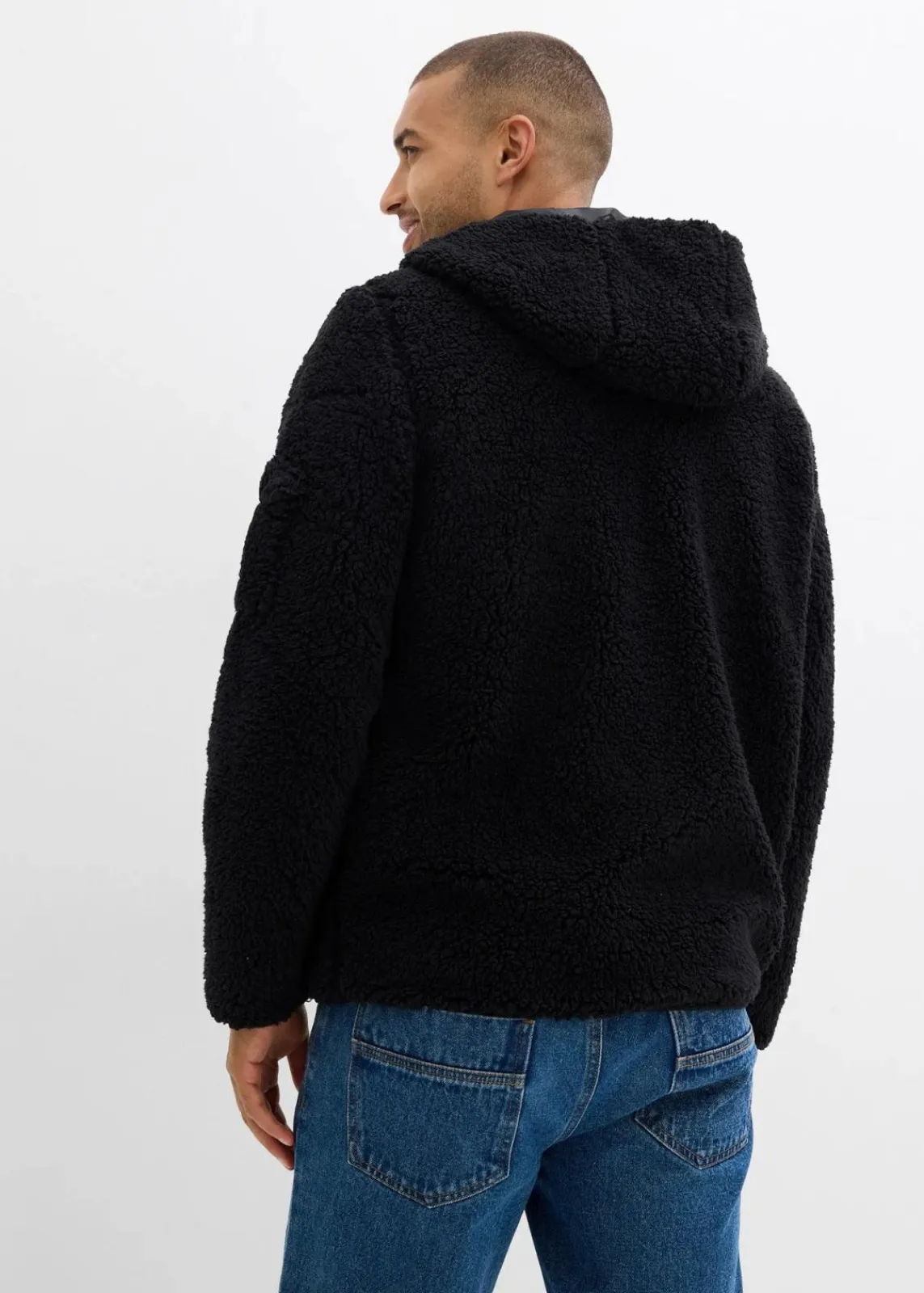 bonprix Große Größen|Outdoorbekleidung|Teddy-Fleece Jacke mit Web-Besatz und Kapuze schwarz