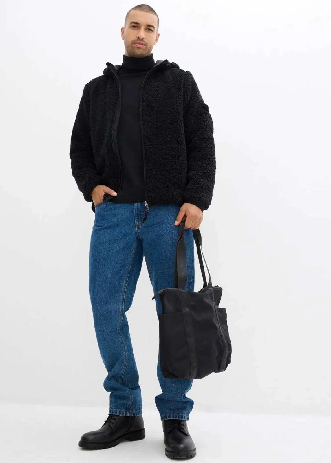 bonprix Große Größen|Outdoorbekleidung|Teddy-Fleece Jacke mit Web-Besatz und Kapuze schwarz