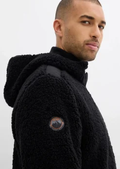 bonprix Große Größen|Outdoorbekleidung|Teddy-Fleece Jacke mit Web-Besatz und Kapuze schwarz