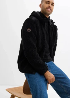 bonprix Große Größen|Outdoorbekleidung|Teddy-Fleece Jacke mit Web-Besatz und Kapuze schwarz