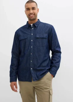 bonprix Große Größen|Thermobekleidung|Thermo-Jeanshemd mit warmen Flanellfutter dunkelblau denim/naturbeige