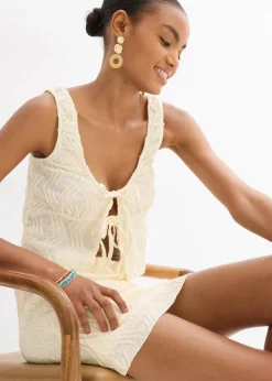 bonprix Shirts & Tops|Top mit Schnürung in Struktur Optik cremeweiß