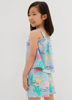 bonprix Mädchen 2-8 Jahre·Nachhaltigere Materialien|Mädchen 9-16 Jahre·Nachhaltigere Materialien|Top und kurze Hose (2-tlg.Set) aus reiner Bio-Baumwolle hellblau bedruckt